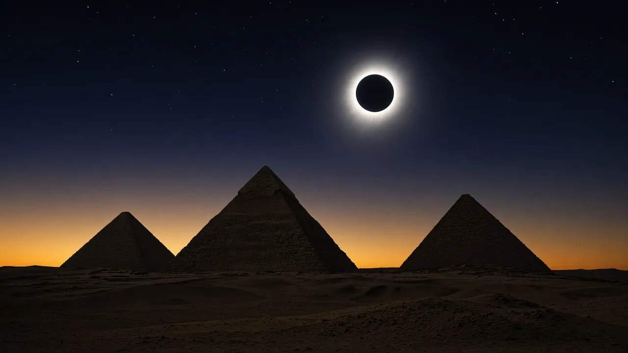 The pyramids of Giza beneath a total solar eclipse in a dark sky